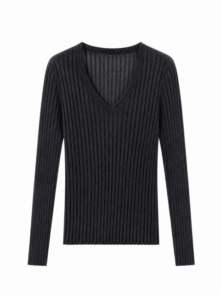 Women Tight Fine Knit Long Sleeve with Deep V-Neck and Wide Ribbed Structure Mune Fashion