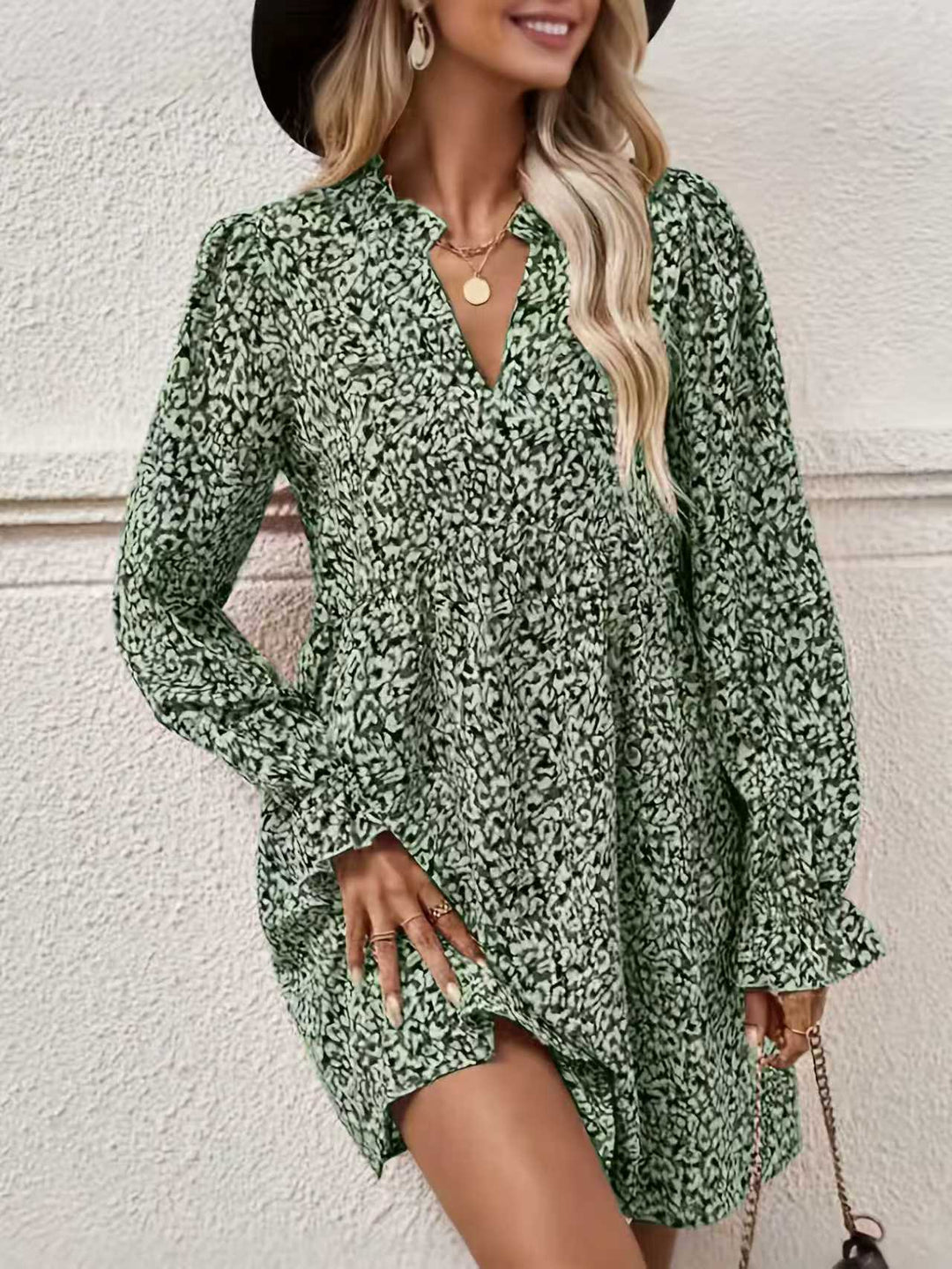 Women's Loose Chiffon Mini Dress with V-Neck and Ruffle Sleeves Mune Fashion