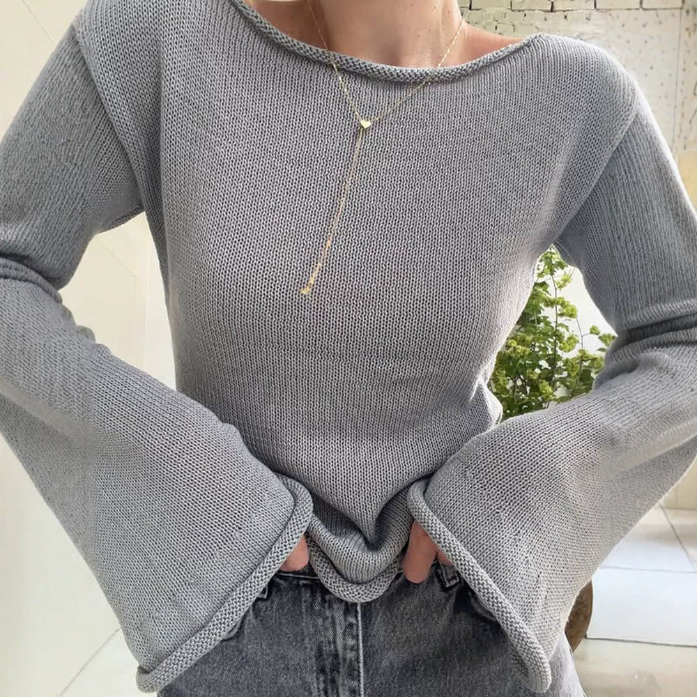 Women's chunky knit pullover with wide boat neck & extra wide trumpet sleeves Mune Fashion