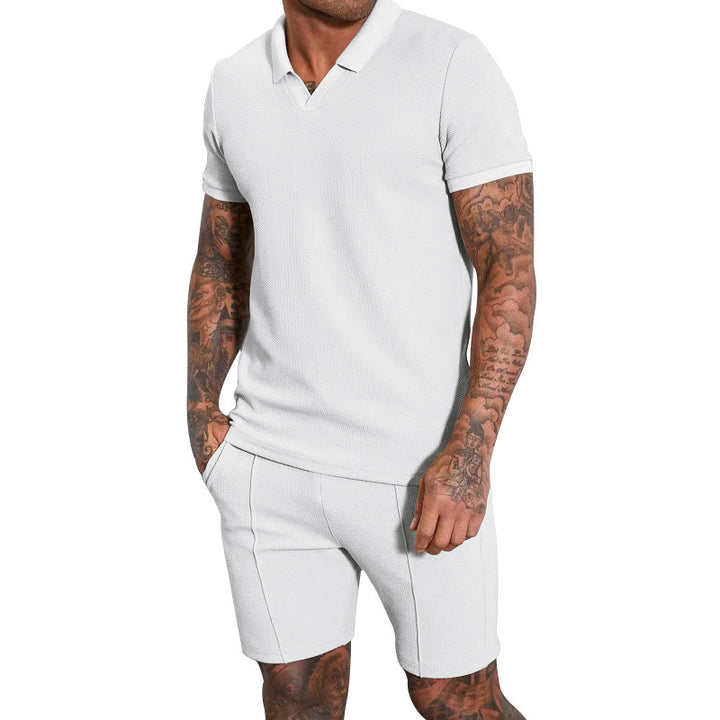 Men's short-sleeved half-collar knit set with fine waffle structure and straight-cut shorts Mune Fashion