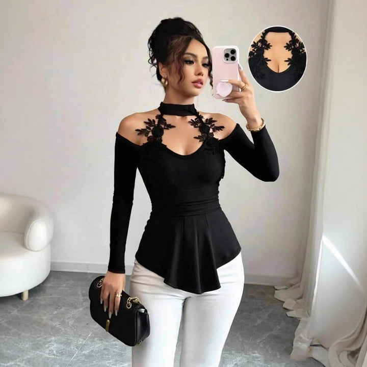 Women off-shoulder long sleeve top with choker collar, floral lace appliqués and tailored peplum Mune Fashion