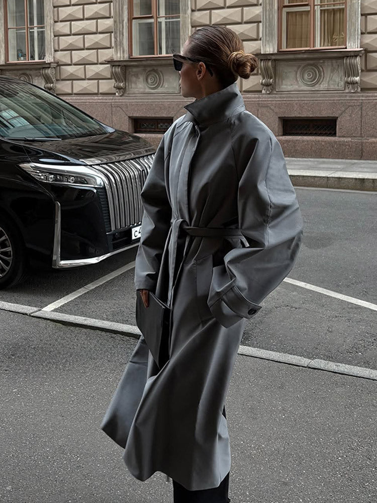 Women's Oversize Trench Coat with High Stand-Up Collar, Tie Belt and Hidden Button Placket Mune Fashion