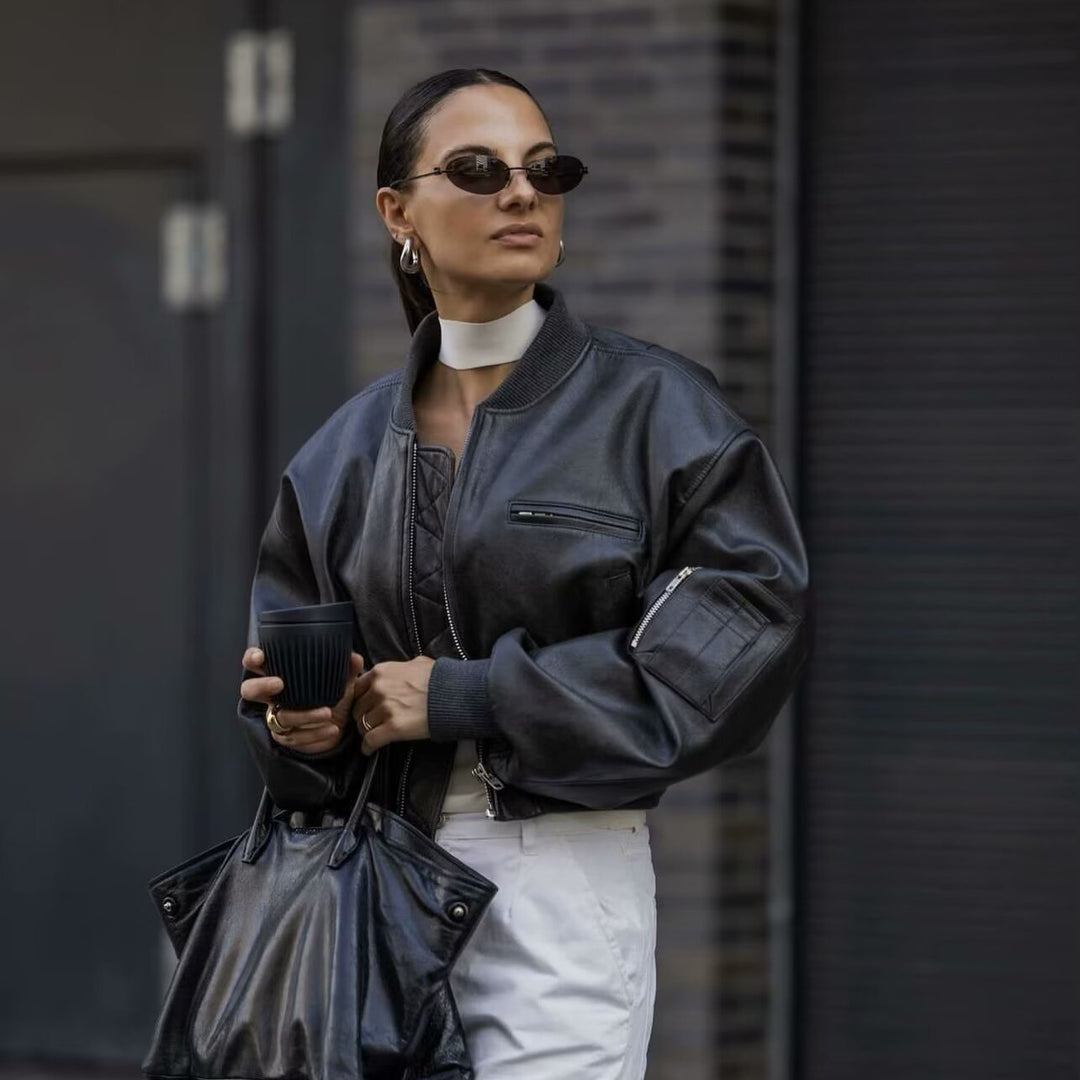 Women's Cropped Bomber Jacket in Vintage Leather Look with Arm Pocket and Wide Ribbed Cuff Mune Fashion
