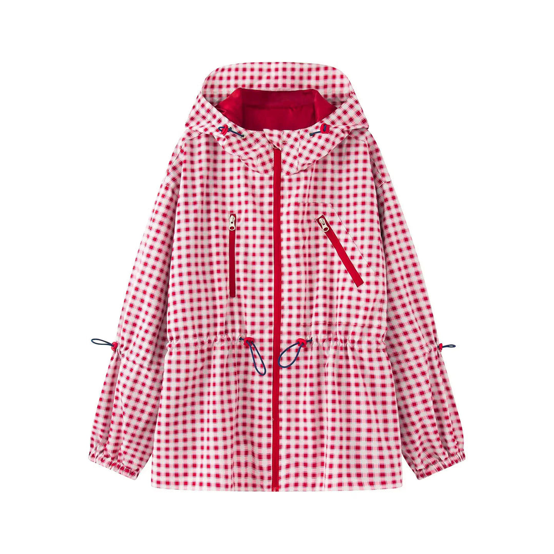 Ladies checkered rain parka with hood, drawstring waist and diagonal zippered pockets Mune Fashion