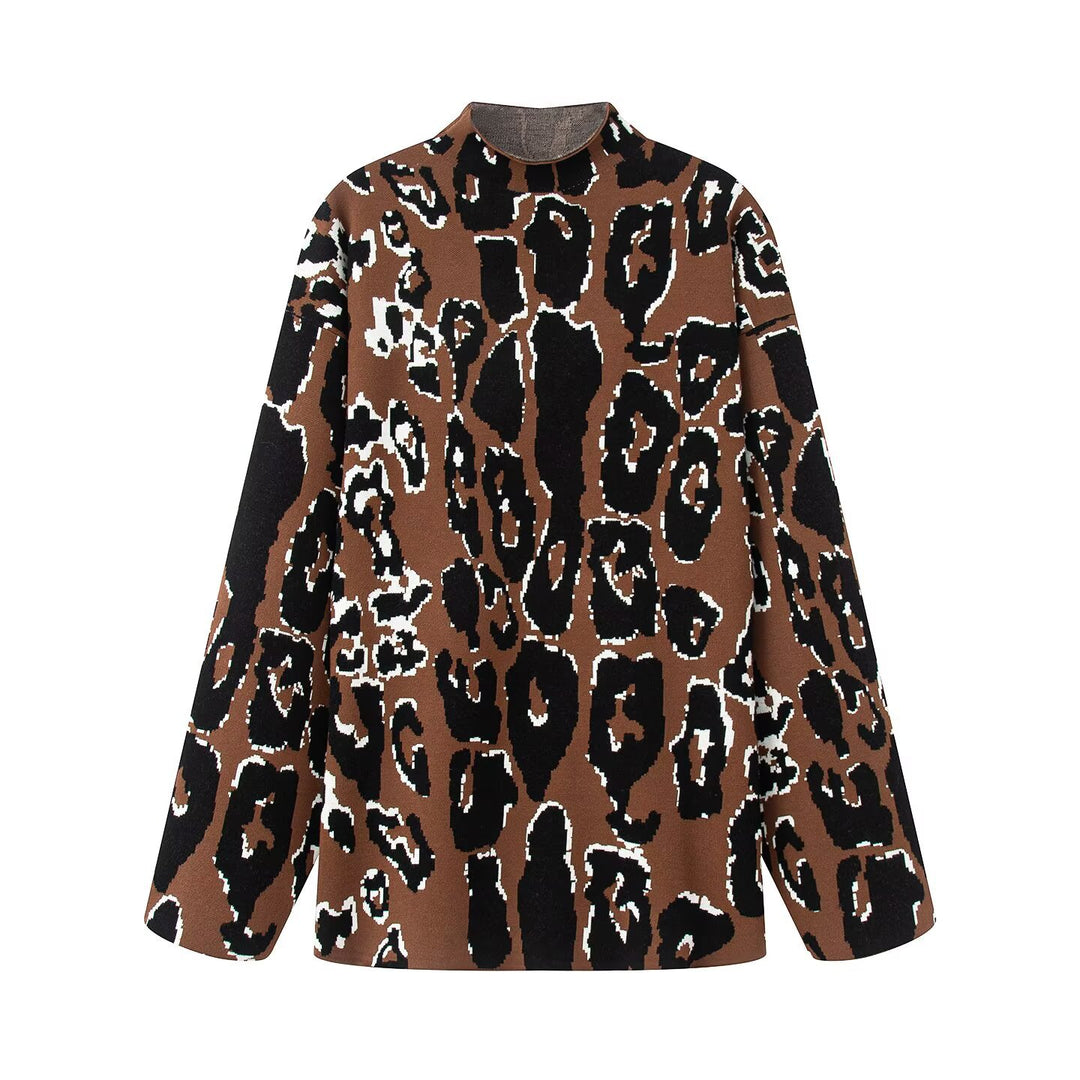 Women Oversize Knit Sweater with Stand-Up Collar and Jacquard Leopard Pattern Mune Fashion