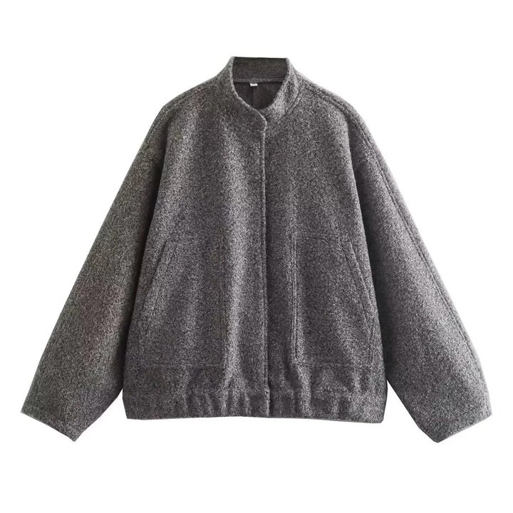 Women's Oversize Fleece Jacket with Stand-Up Collar, Patch Front Pockets, and Elastic Hem Mune Fashion
