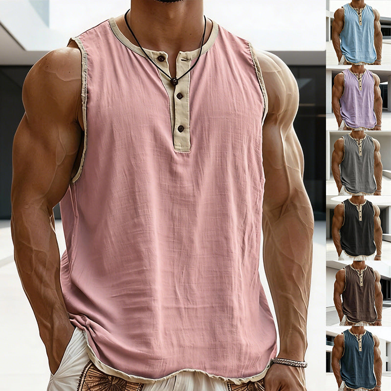 Men's sleeveless Henley muscle shirt with button placket and contrast trim Mune Fashion