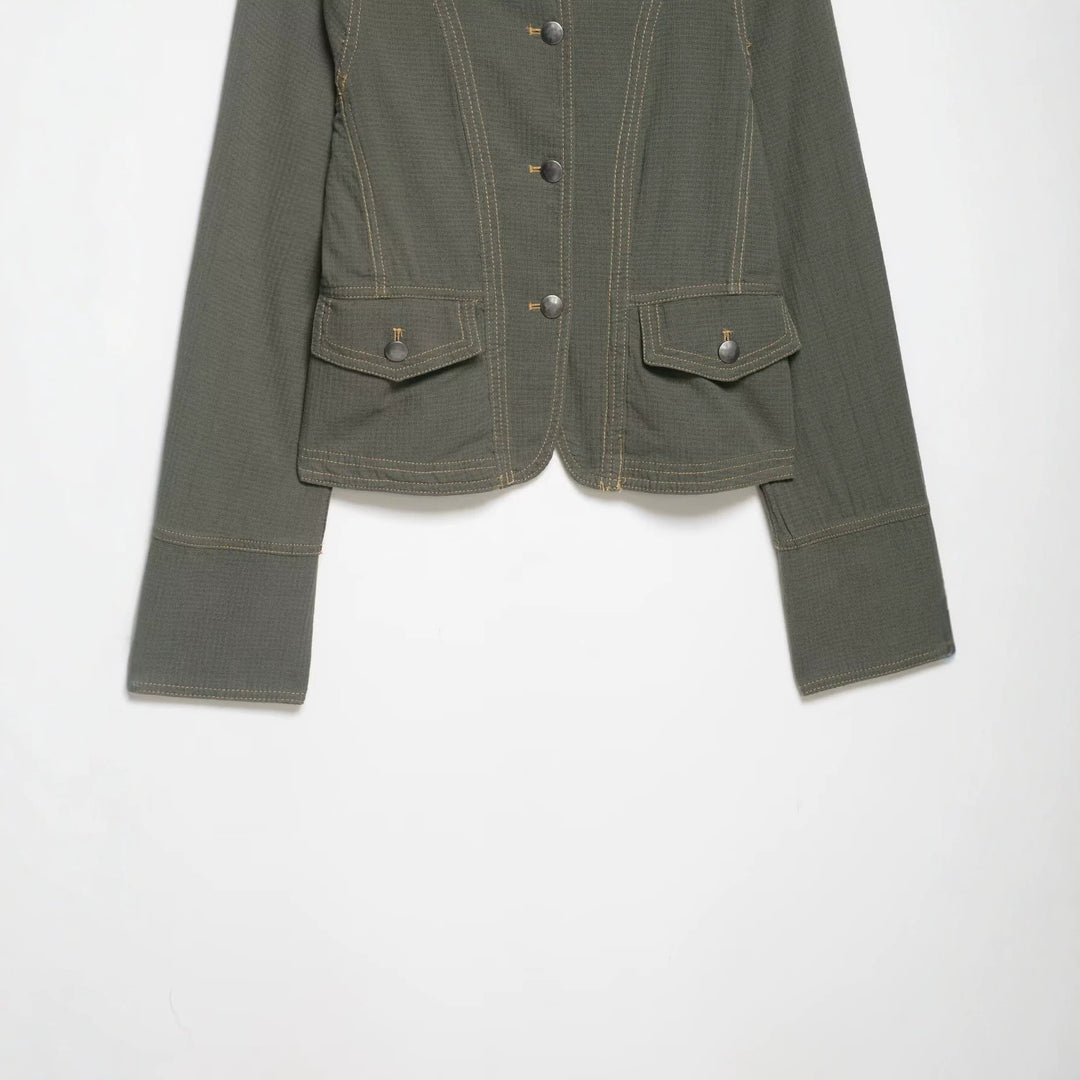 Women's Short Utility Jacket with Stand Collar, Shoulder Flaps and Applied Flap Pockets Mune Fashion