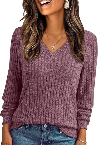 Ladies Soft Ribbed Knit Sweater with V-Neck Mune Fashion