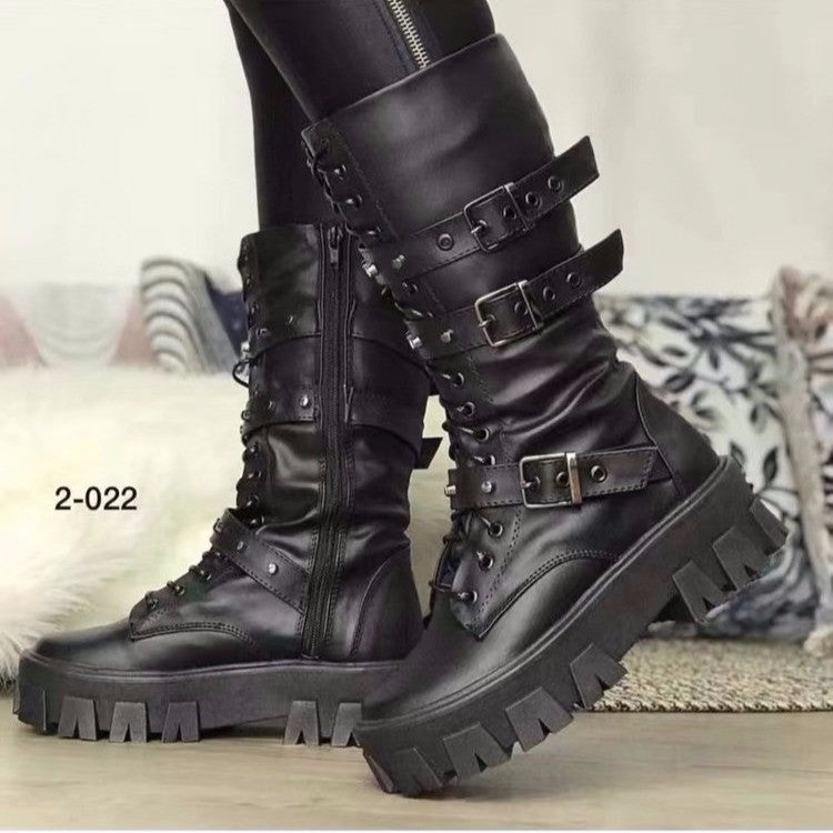 Women’s Platform Biker Boots with chunky tread sole, lacing, zipper and adjustable decorative buckles Mune Fashion