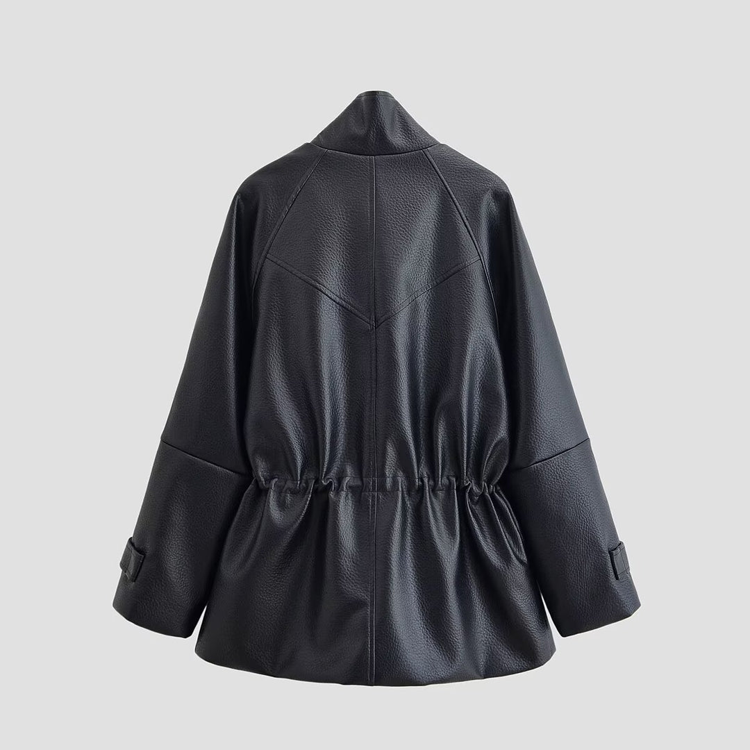 Women's Oversize Faux Leather Jacket with Stand-Up Collar, Drawstring Waist and Patch Pockets Mune Fashion