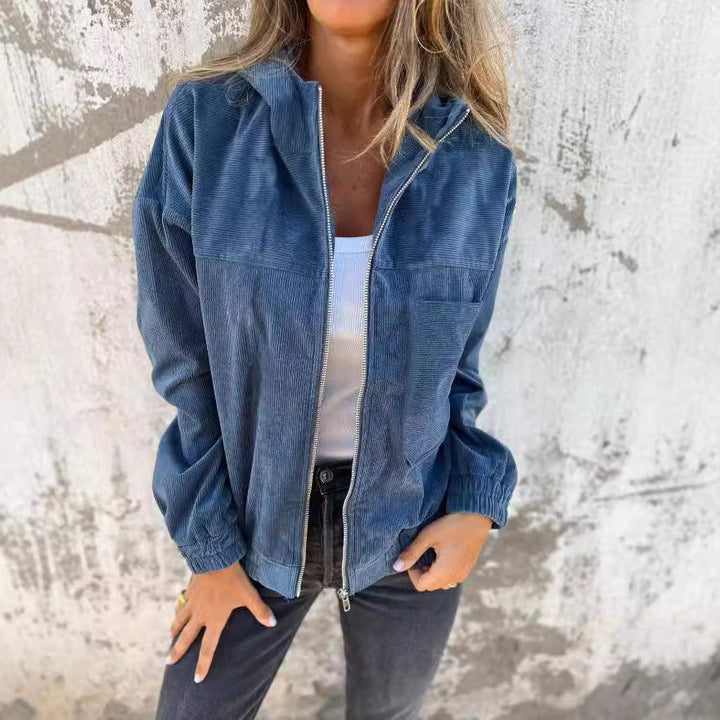 Women's fine corduroy transitional jacket with hood, zipper, elastic cuffs, and side insert pockets Mune Fashion