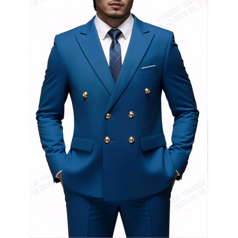 Men's double-breasted Slim-Fit suit with gold decorative buttons and slim business trousers Mune Fashion