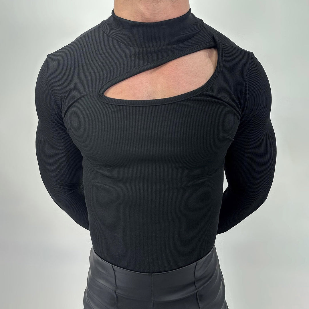 Women's fitted long sleeve top made of fine rib jersey with asymmetrical shoulder neckline and high collar Mune Fashion