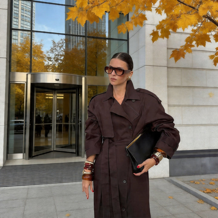 Women's Longer Tailored Trench Coat with Tie Belt and Double Row Mune Fashion