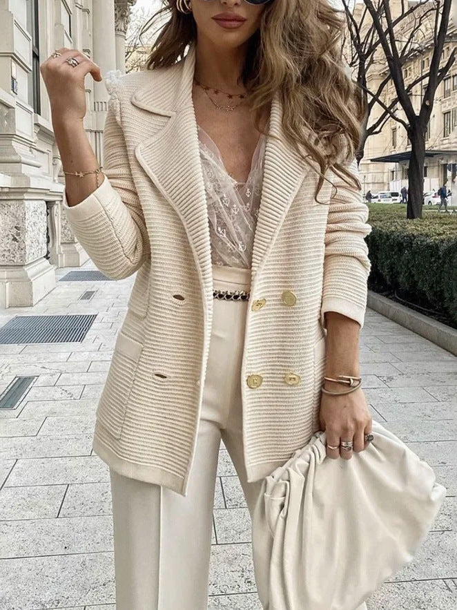 Women Structured Knit Blazer with Lapel Collar and Double Button Placket Mune Fashion