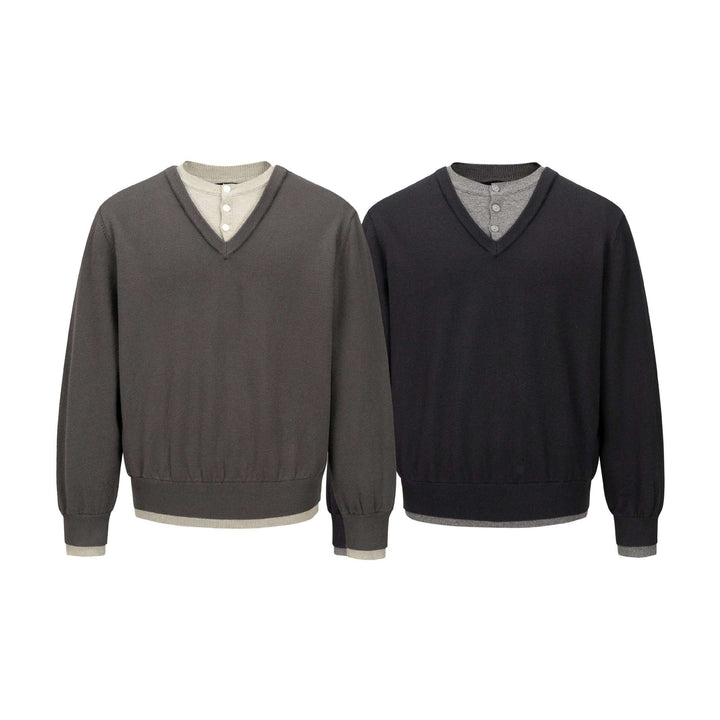 Men's V-Neck Fine Knit Sweater with Integrated Henley Detail and Elastic Waistband Mune Fashion