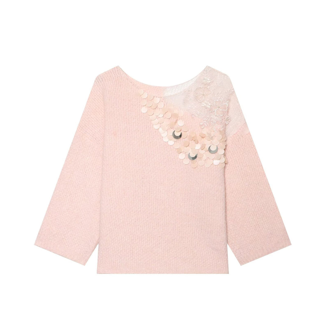 Ladies chunky knit pullover with round neckline, 3/4 sleeves and sequin lace application Mune Fashion