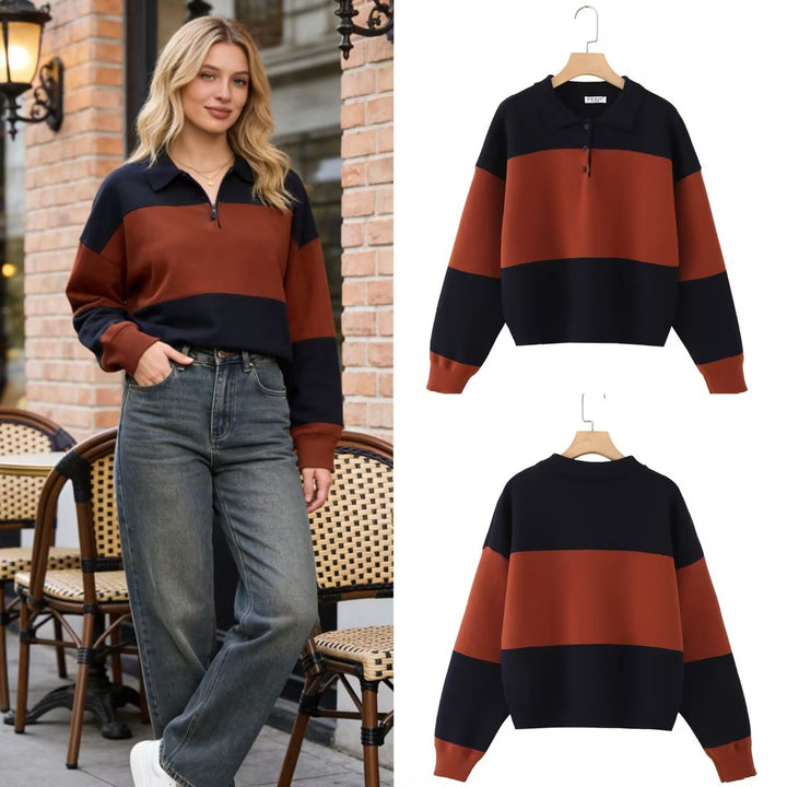 Women Oversized Polo Collar Sweater with Block Stripes Mune Fashion