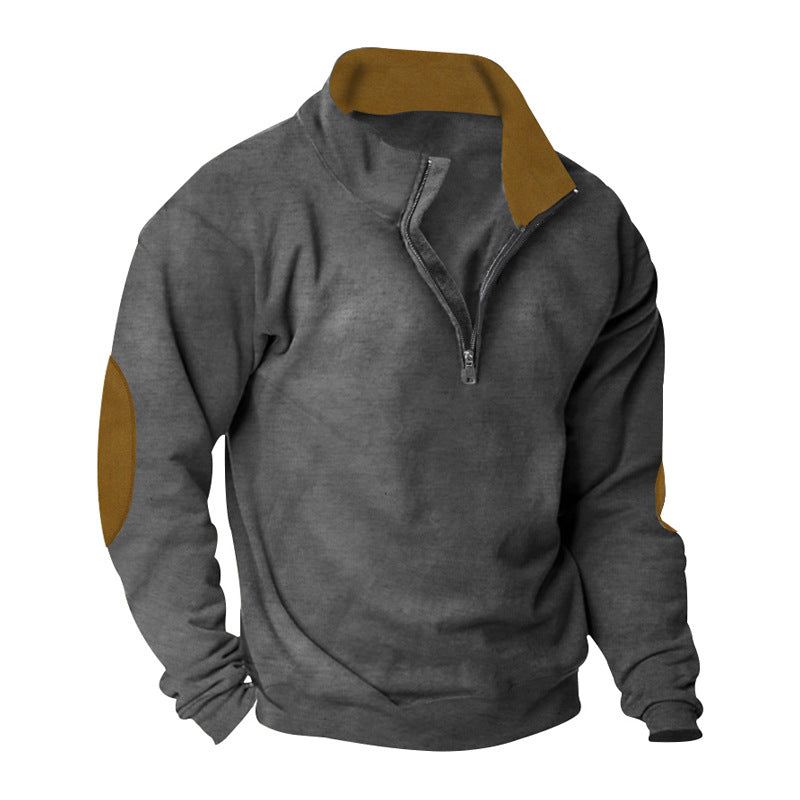 Men's Half-Zip Sweatshirt with Stand-Up Collar, Contrast Collar Lining and Elbow Patches Mune Fashion