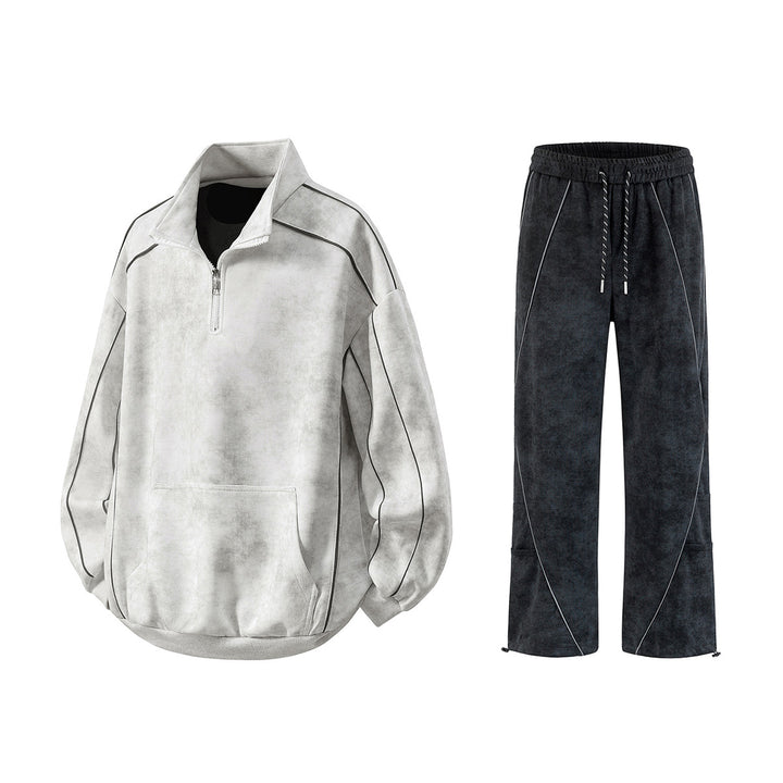 Men's Oversize Half-Zip Sweatshirt with Kangaroo Pocket, Contrast Piping and Balloon Sleeves Mune Fashion