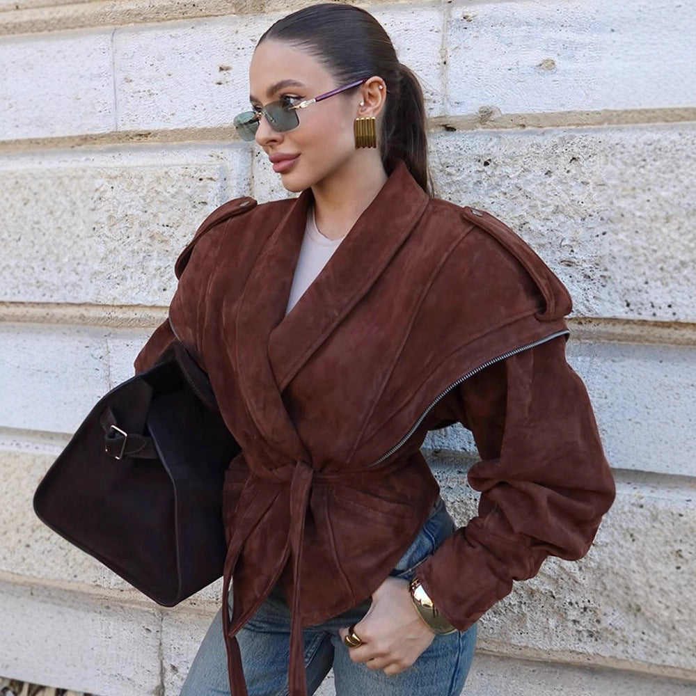 Women's Suede Wrap Jacket with Wide Shawl Collar and Waist Belt Mune Fashion