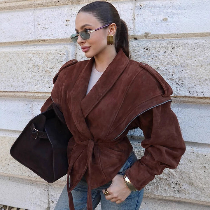 Women's Suede Wrap Jacket with Wide Shawl Collar and Waist Belt Mune Fashion