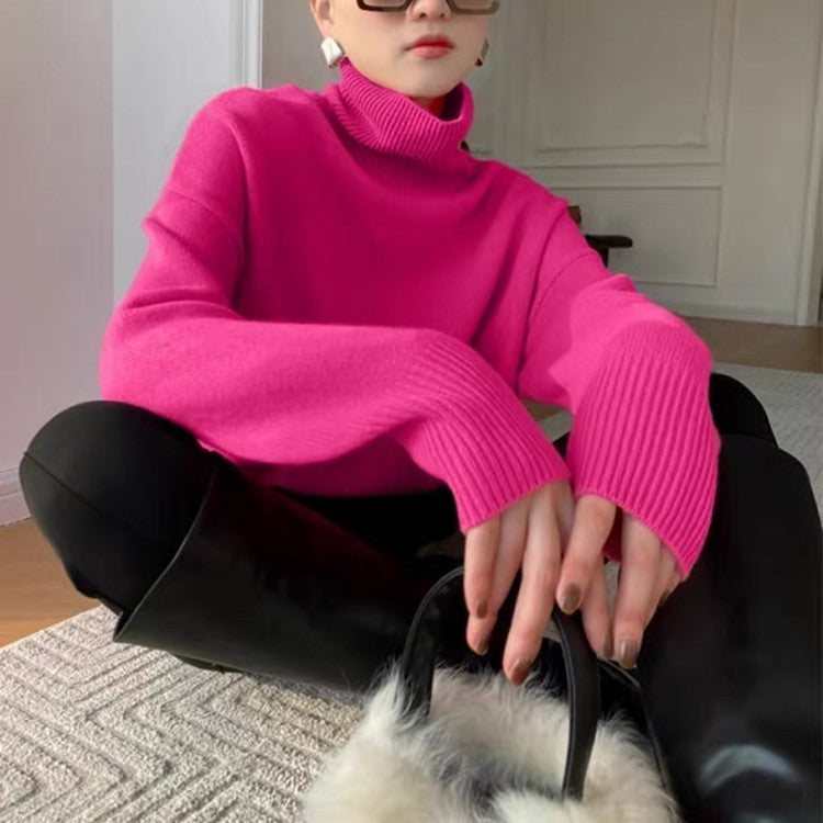 Women's Oversized Fine Knit Sweater with High Roll Neck and Side Slits Mune Fashion