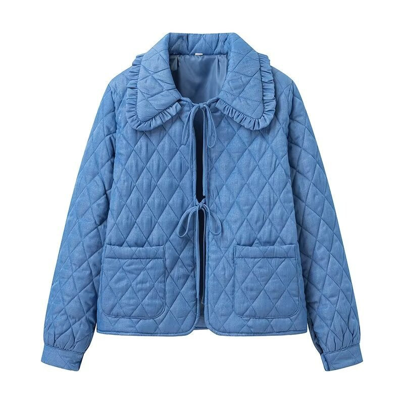 Ladies padded short jacket with ruffle collar, ties and patch pockets Mune Fashion