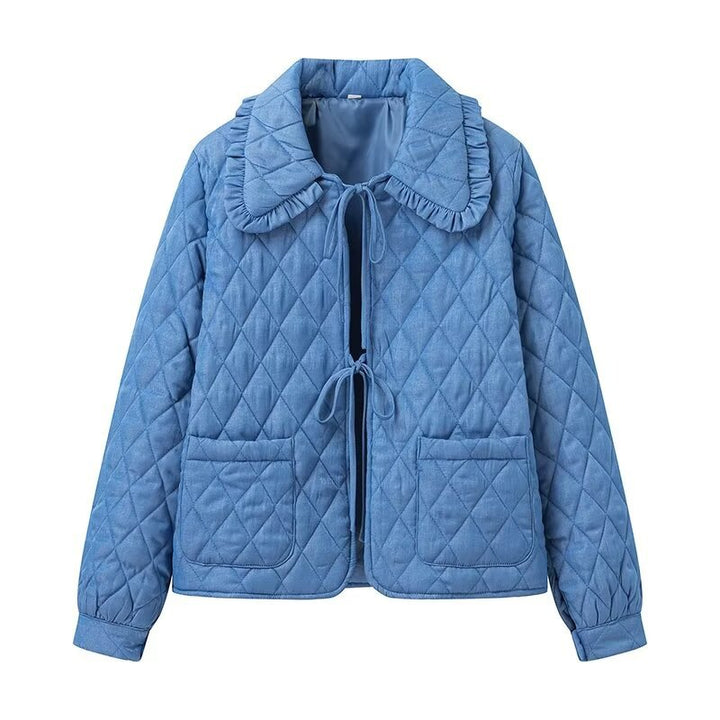 Ladies padded short jacket with ruffle collar, ties and patch pockets Mune Fashion