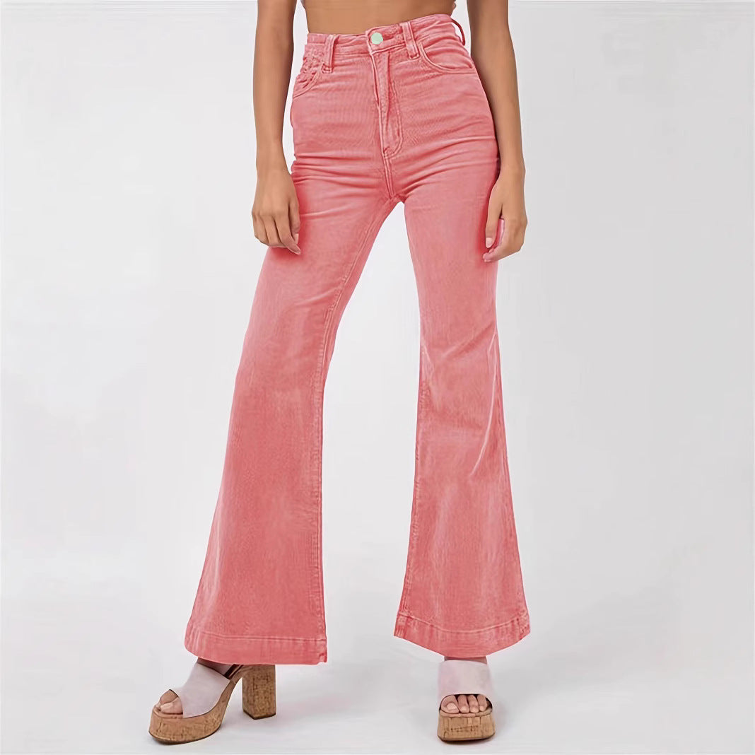 Women High-Waisted Flared Trousers with Wide Leg and Stretch Waistband Mune Fashion