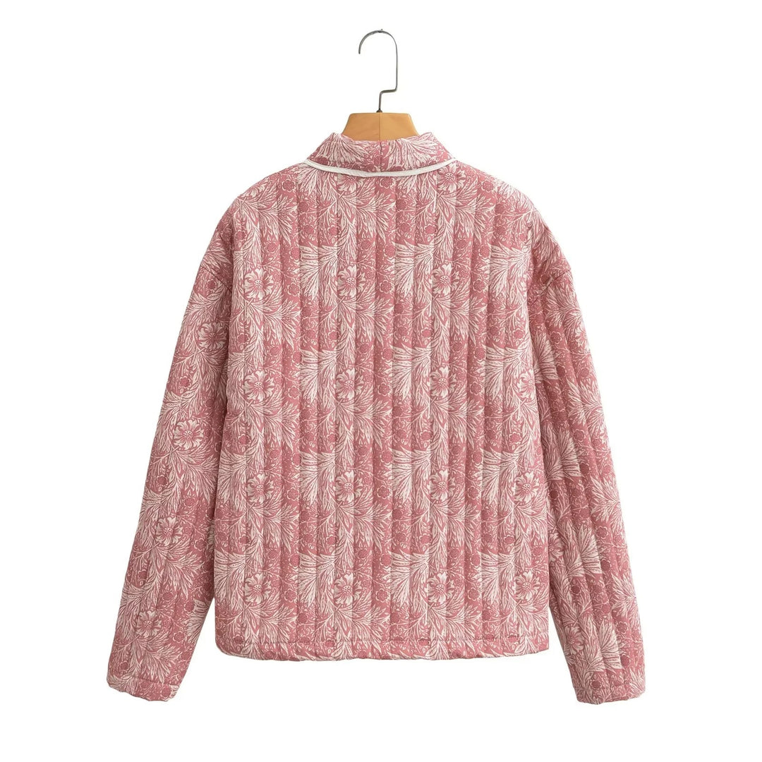 Women Light Quilted Jacket in Kimono Style with Floral Block Print and Contrast Piping Mune Fashion