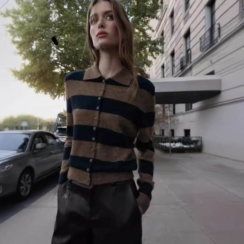 Women's Striped Cardigan with Polo Collar, Button Placket and Short Boxy Cut Mune Fashion