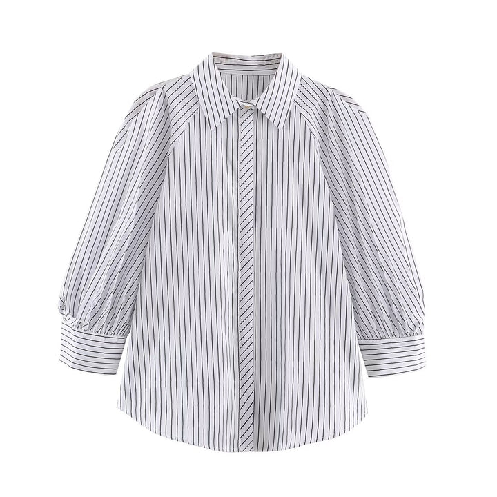 Women's Striped Oversized Shirt Blouse with Emphasized Puff Sleeves Drune