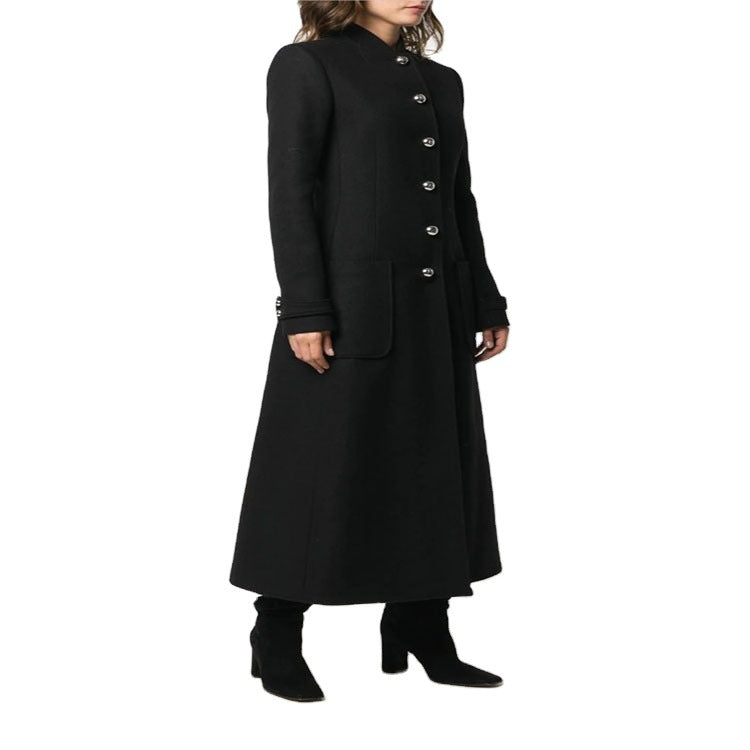 Women's Ankle-Length Tailored Wool Blend Coat with Stand-Up Collar and Decorative Button Placket Mune Fashion