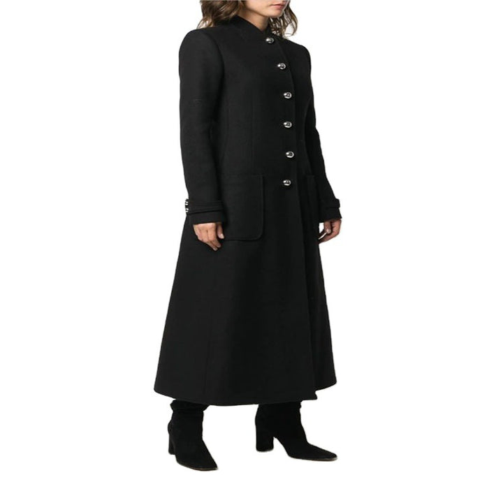 Women's Ankle-Length Tailored Wool Blend Coat with Stand-Up Collar and Decorative Button Placket Mune Fashion