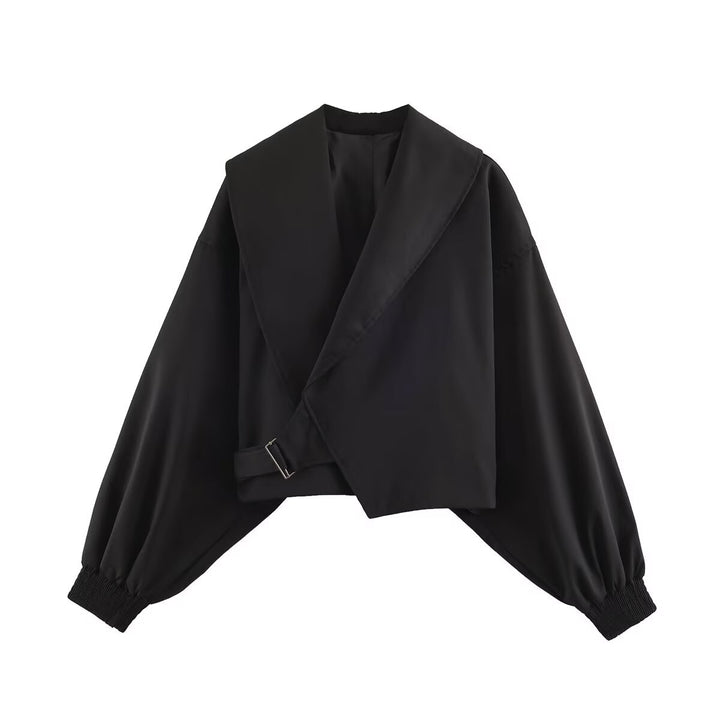 Women Short Cut Wrap Jacket with Large Shawl Collar, Waist Tie and Balloon Sleeves Mune Fashion
