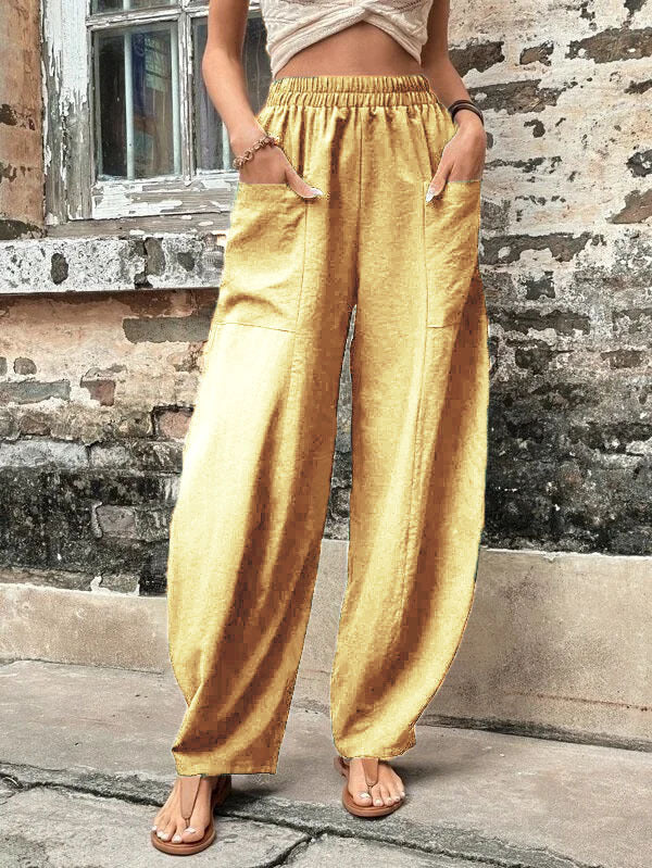 Women Wide Linen Trousers with Elastic Waistband, Patch Pockets and Casual Harem Cut Mune Fashion