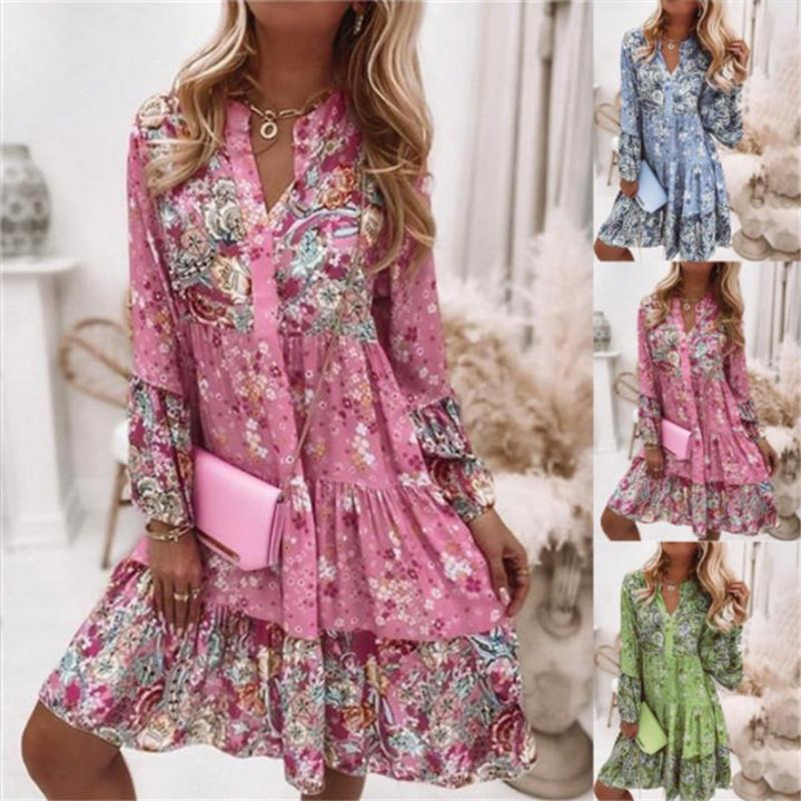 Women nan floral Boho dress with V-neck and tiered skirt Mune Fashion