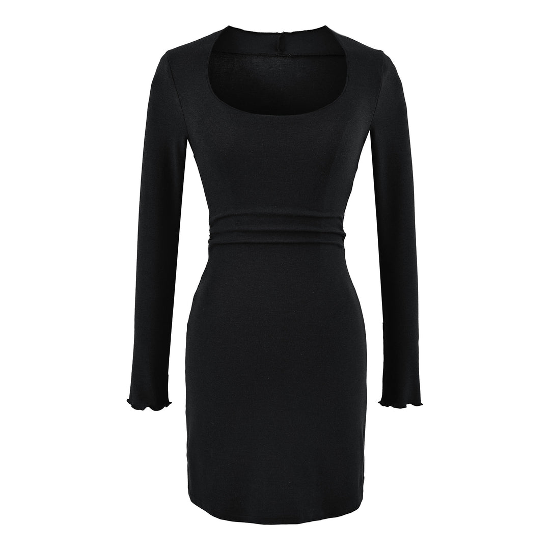Women's Fitted Midi Dress with Square Neckline and Waist Ruching