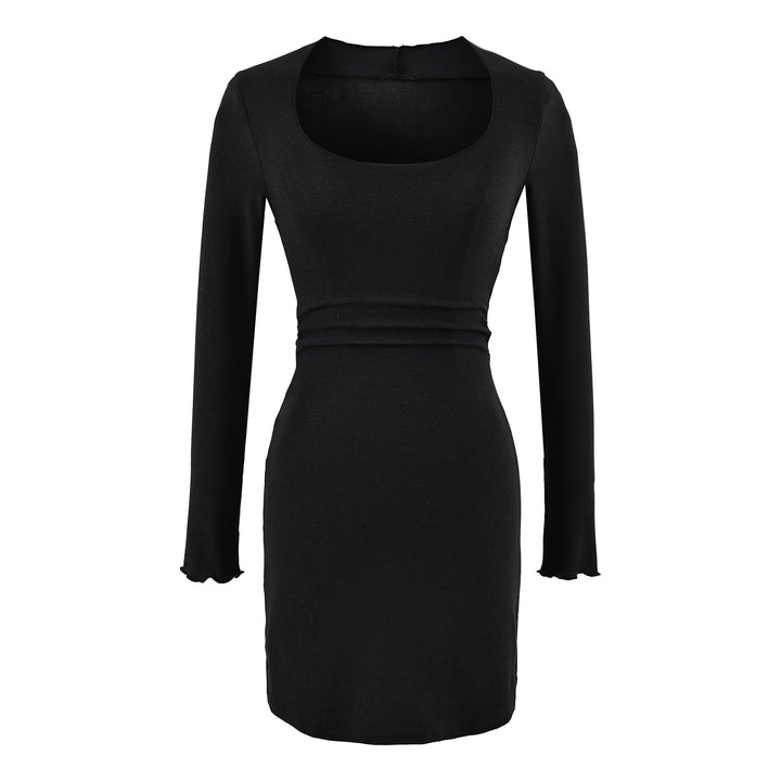 Women's Fitted Midi Dress with Square Neckline and Waist Ruching
