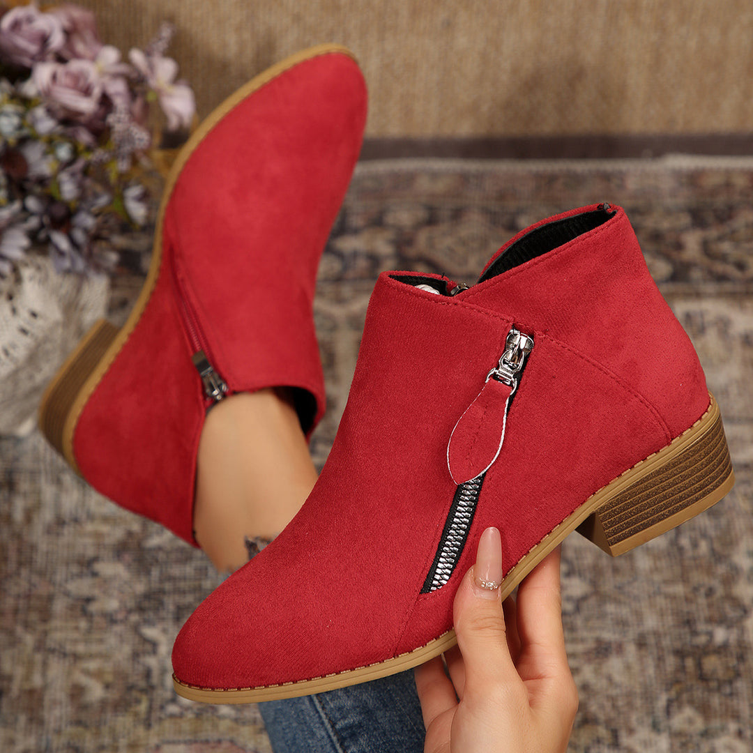 Women's Modern Ankle Boot with Visible Metal Zipper and Low Wood-Look Block Heel Mune Fashion