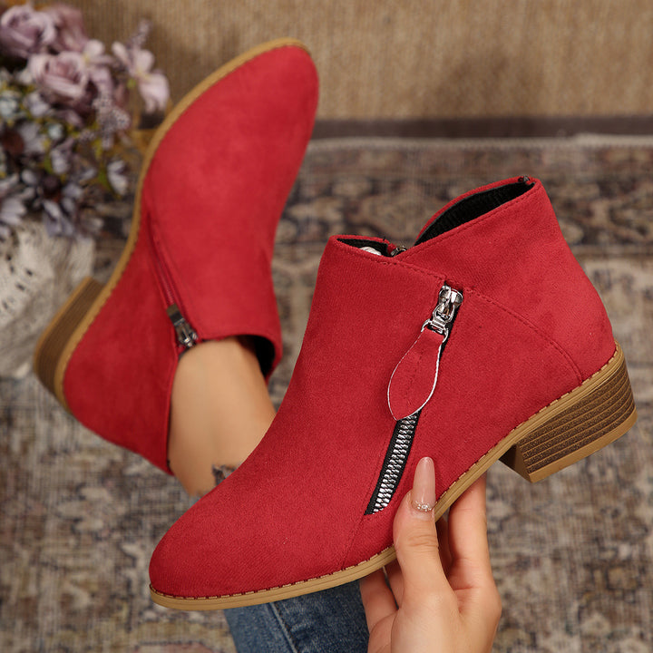 Women's Modern Ankle Boot with Visible Metal Zipper and Low Wood-Look Block Heel Mune Fashion