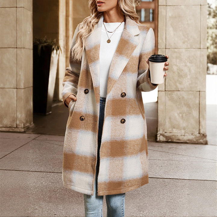 Women's Checked Wool Coat with Double Button Placket Mune Fashion