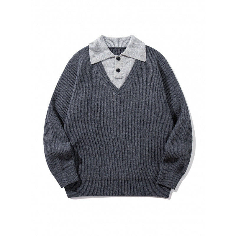 Unisex chunky knit boxy sweater with V-neck and contrasting polo button collar Mune Fashion