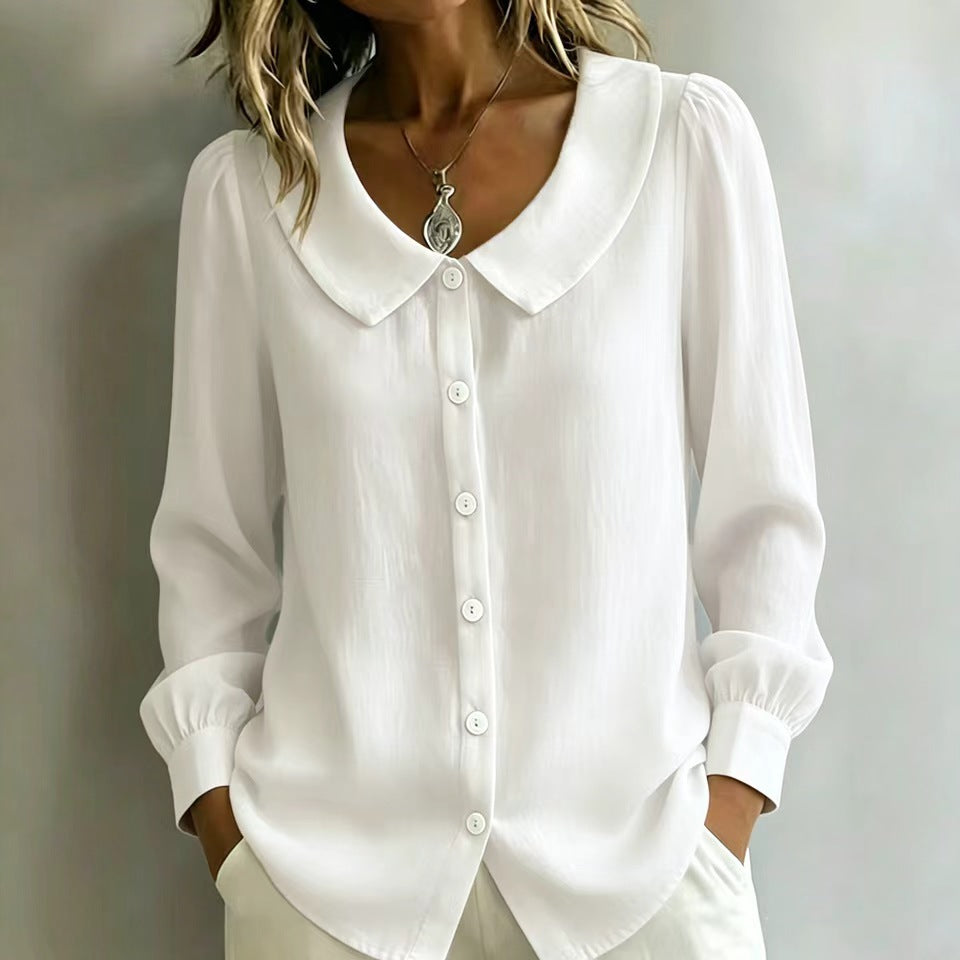 Women Loose Fit Blouse with Round Collar, Puff Sleeves and Pearl Button Placket Mune Fashion