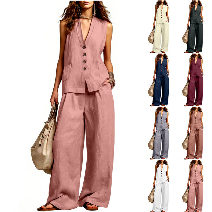 Women's Sleeveless Longline Waistcoat and Palazzo Pants Set in Linen Look Mune Fashion