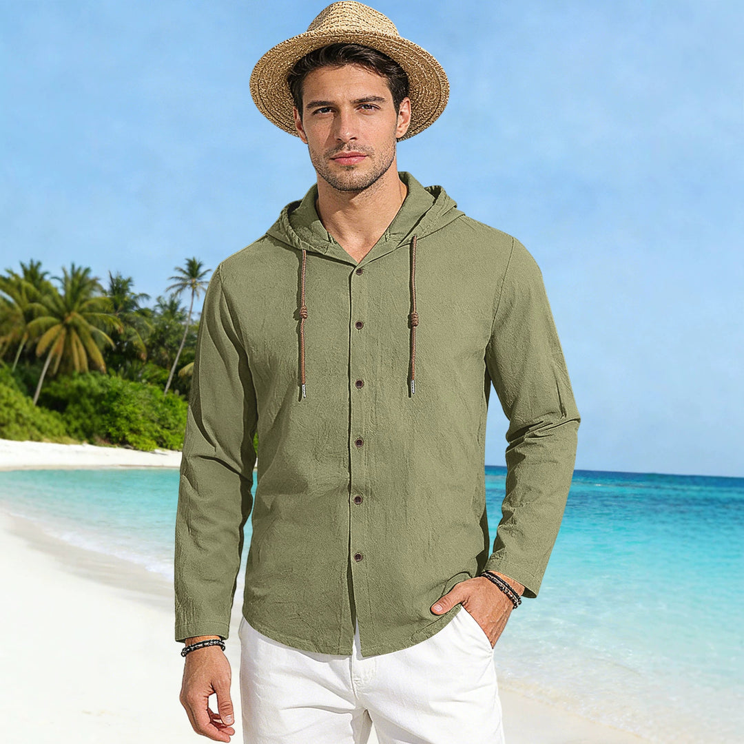 Men's textured linen blend hooded shirt with button placket, wood buttons, and side slits Mune Fashion