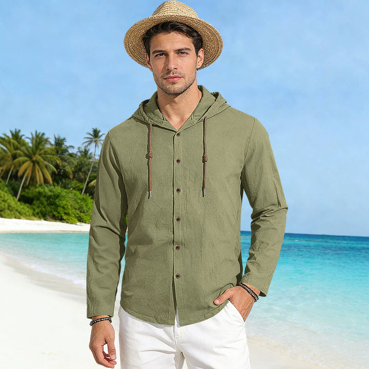 Men's textured linen blend hooded shirt with button placket, wood buttons, and side slits Mune Fashion