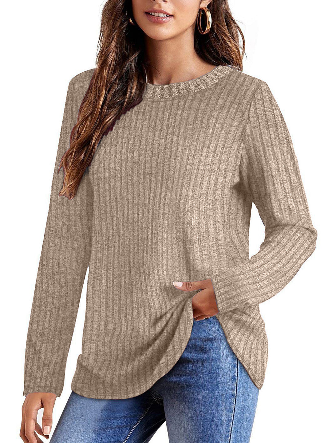 Women's ribbed fine knit long sleeve with round neckline and asymmetrical hem Drune
